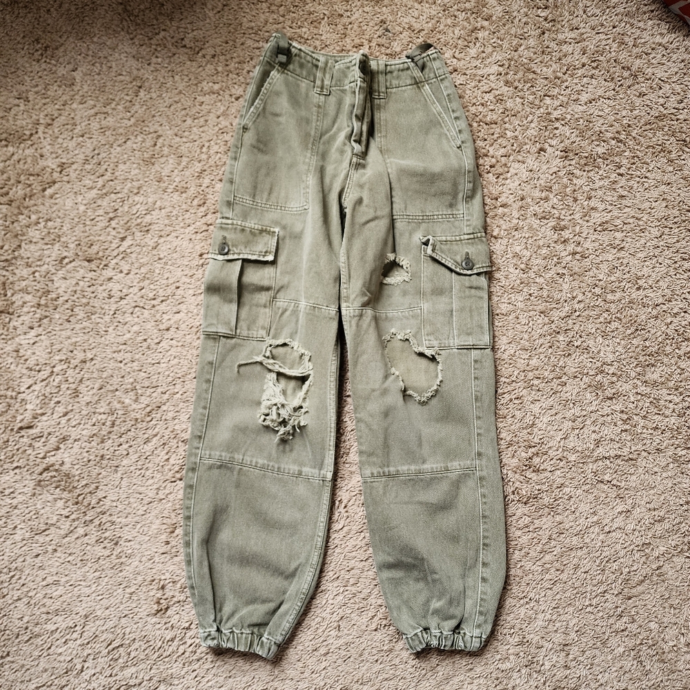 Topshop Faded Green Distressed Denim Cargo Pants Size 4